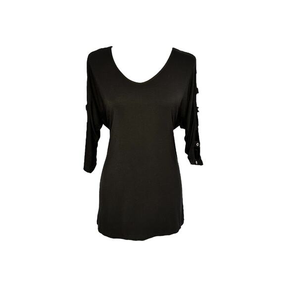 Women's Black Tunic Top Size L Cut Out Sleeve Scoop Neck NWT - Picture 1 of 4